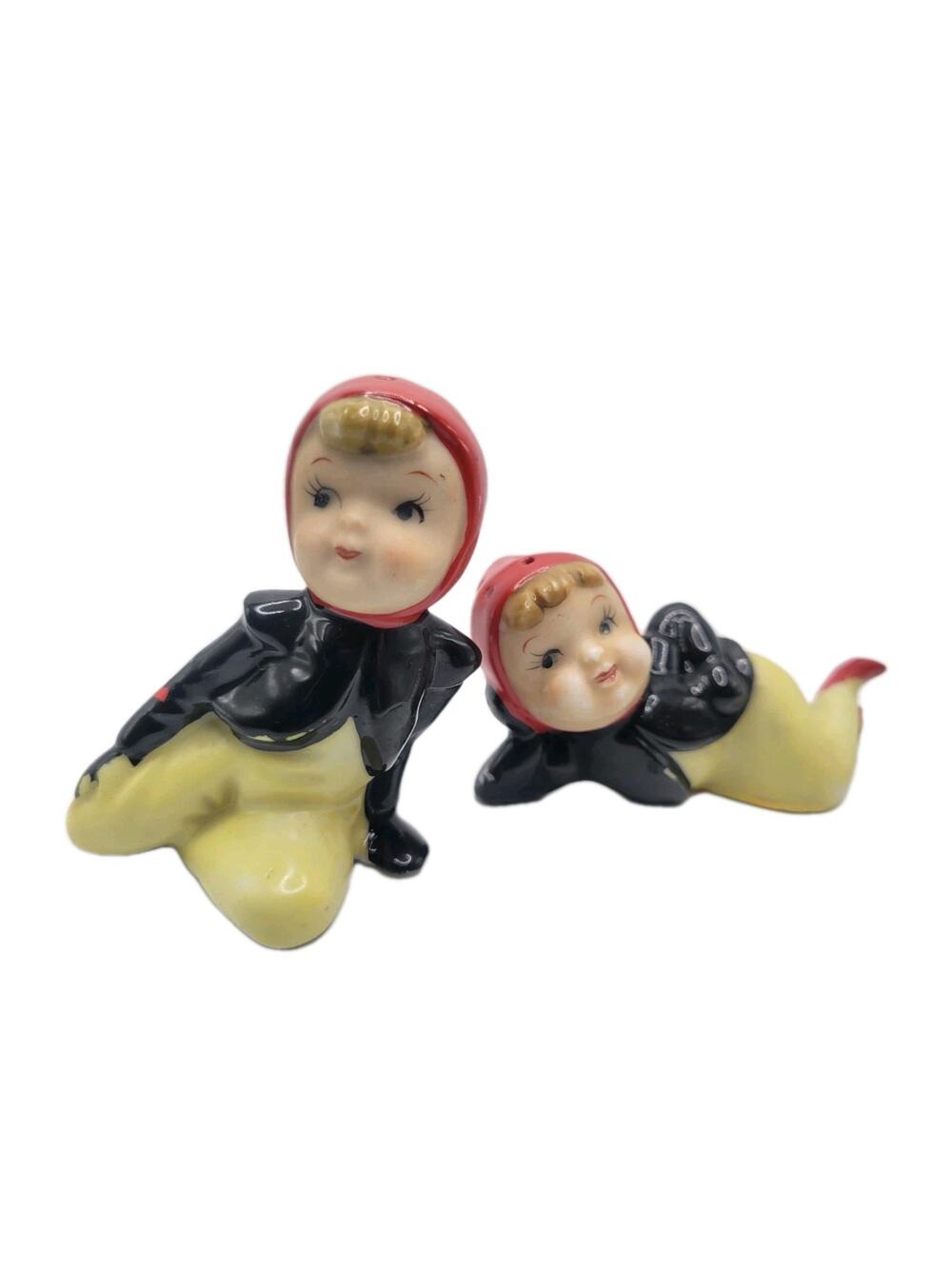 Pixie Elf Girls Salt & Pepper Shakers Set Enesco Plymouth Ind. Souvenir Vintage